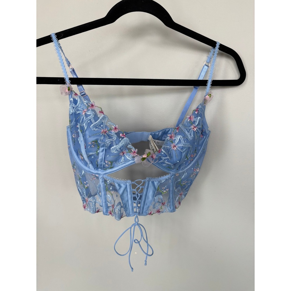 For Love & Lemons Blue Floral Embroidered Bustier Bra Top 34C SKBR1687 - Picture 1 of 7